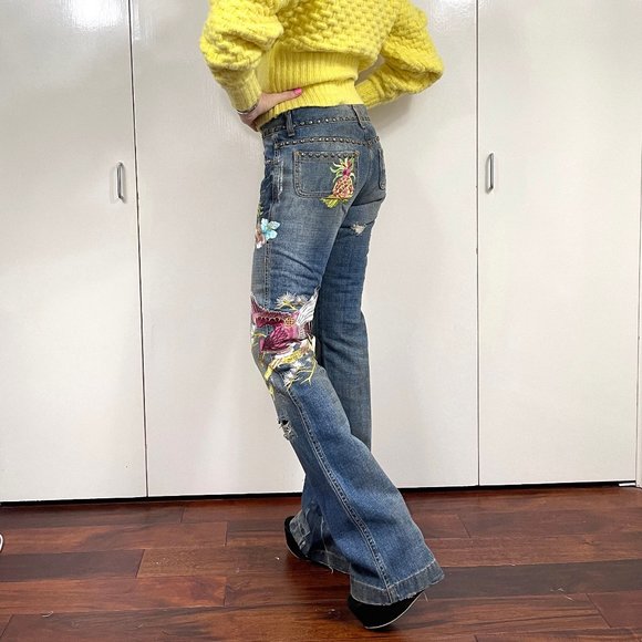 Auc D&G Distressed Embroidered Studded HAWAII TROPICAL Flare jeans - Picture 11 of 16